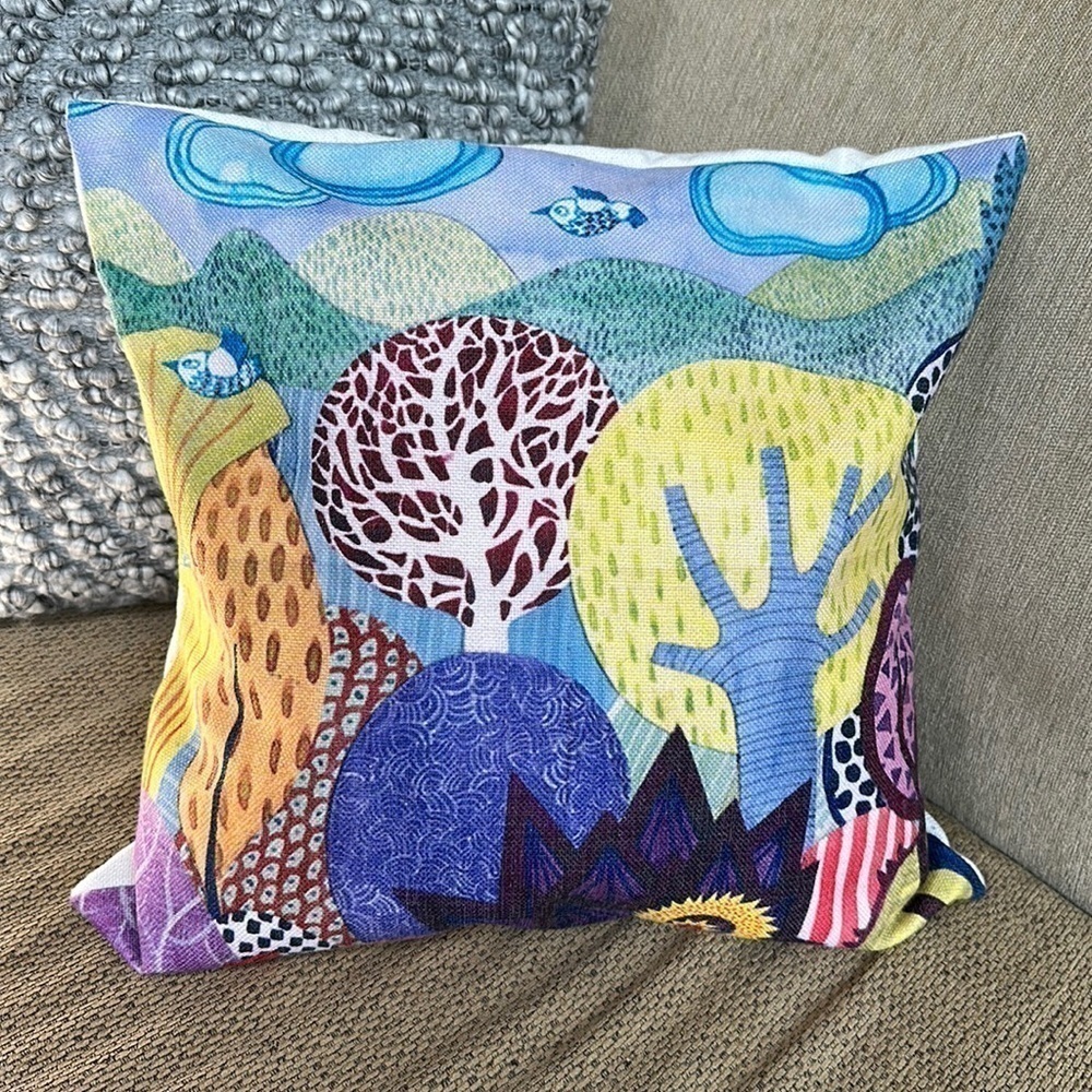 Art Deco contemporary forest tree and bird square multicolored Pillow Cover
